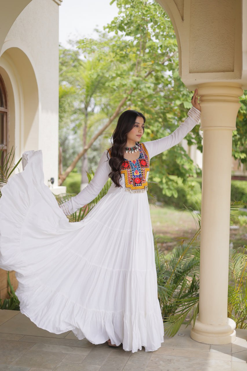 Sneha White Reyon Kutchi Gamthi Embroidered Gown