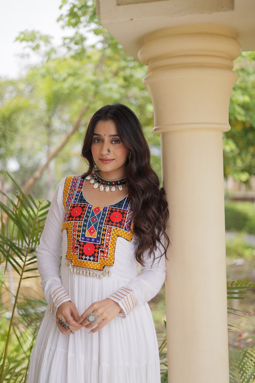 Sneha White Reyon Kutchi Gamthi Embroidered Gown
