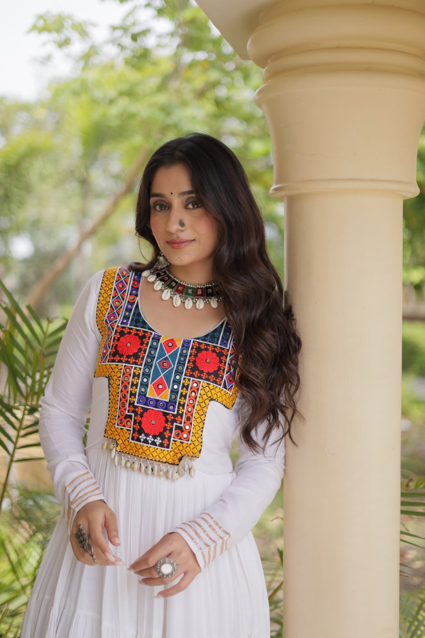 Sneha White Reyon Kutchi Gamthi Embroidered Gown