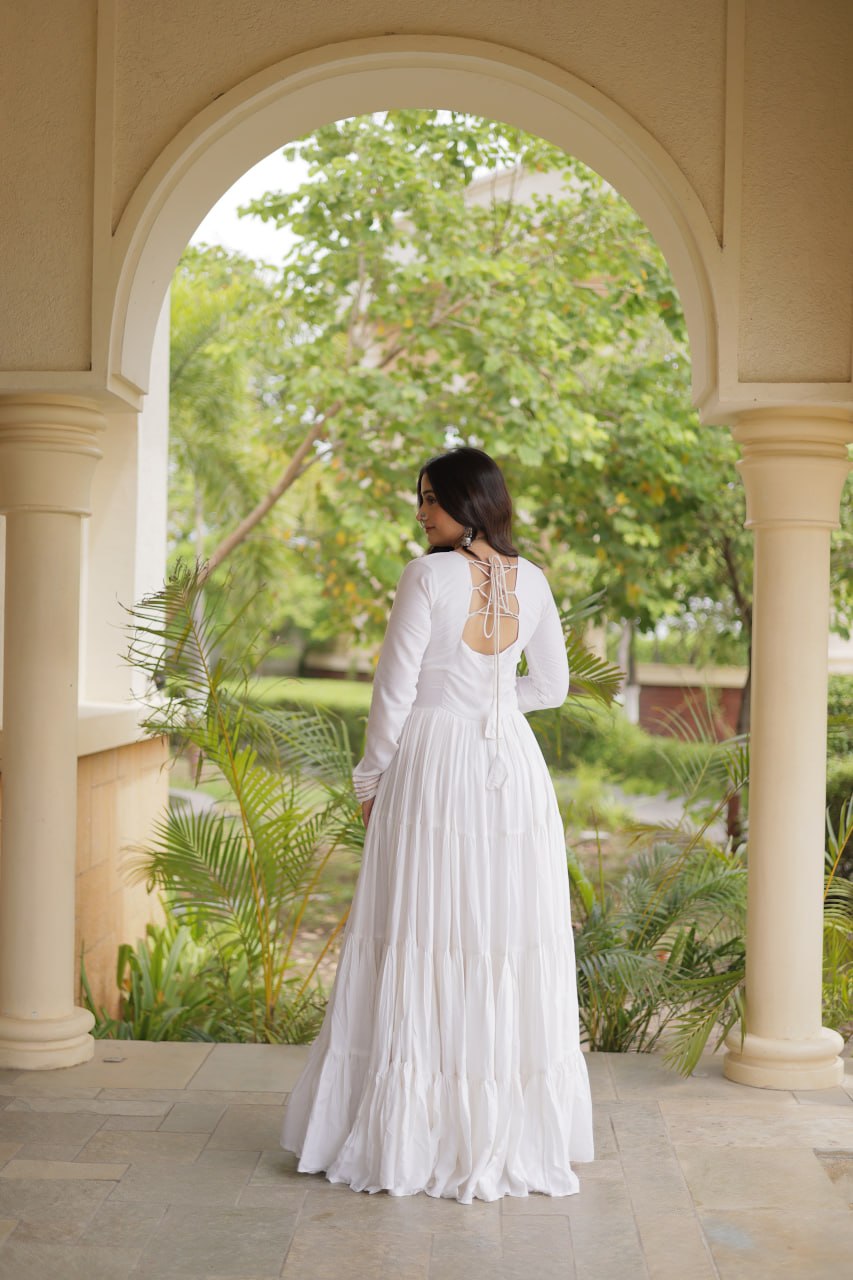Sneha White Reyon Kutchi Gamthi Embroidered Gown