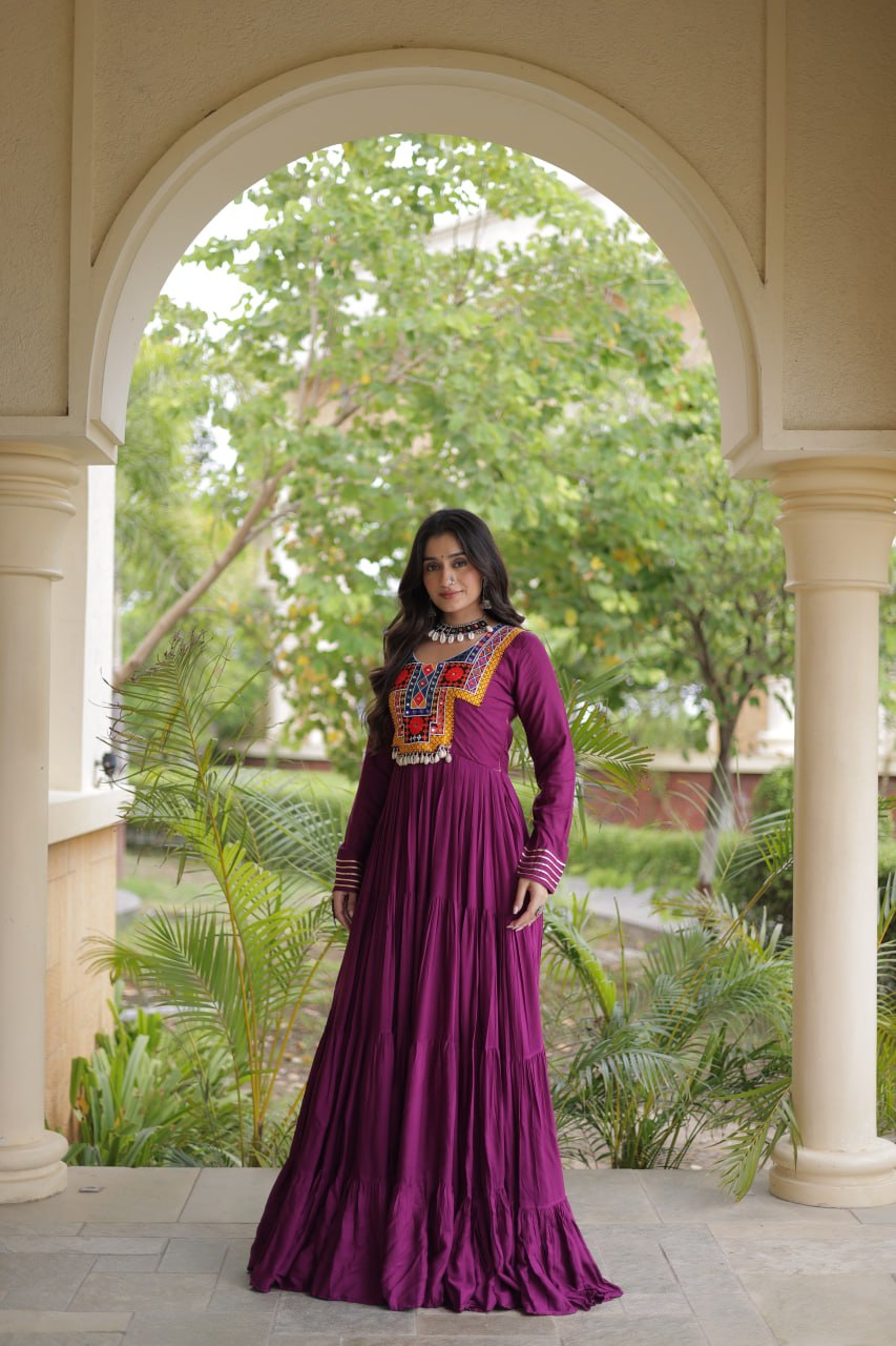Sneha White Reyon Kutchi Gamthi Embroidered Gown