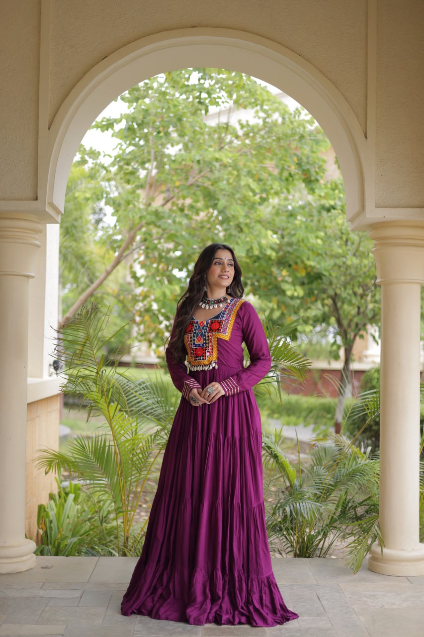 Sneha Wine Reyon Kutchi Gamthi Embroidered Gown
