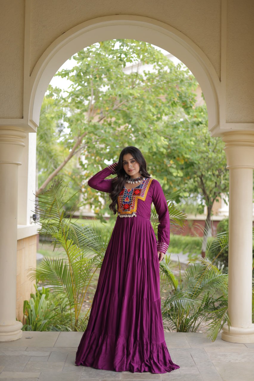 Sneha Wine Reyon Kutchi Gamthi Embroidered Gown