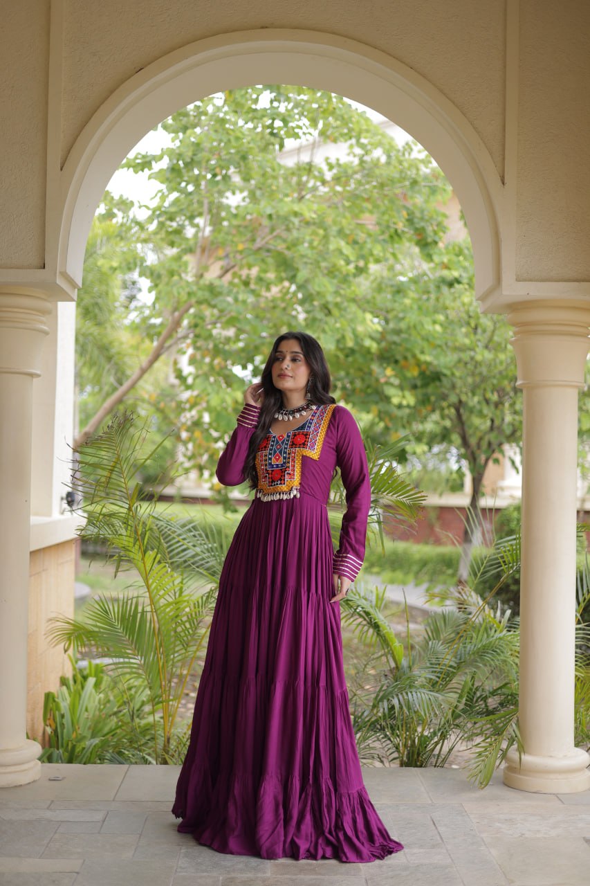 Sneha Wine Reyon Kutchi Gamthi Embroidered Gown