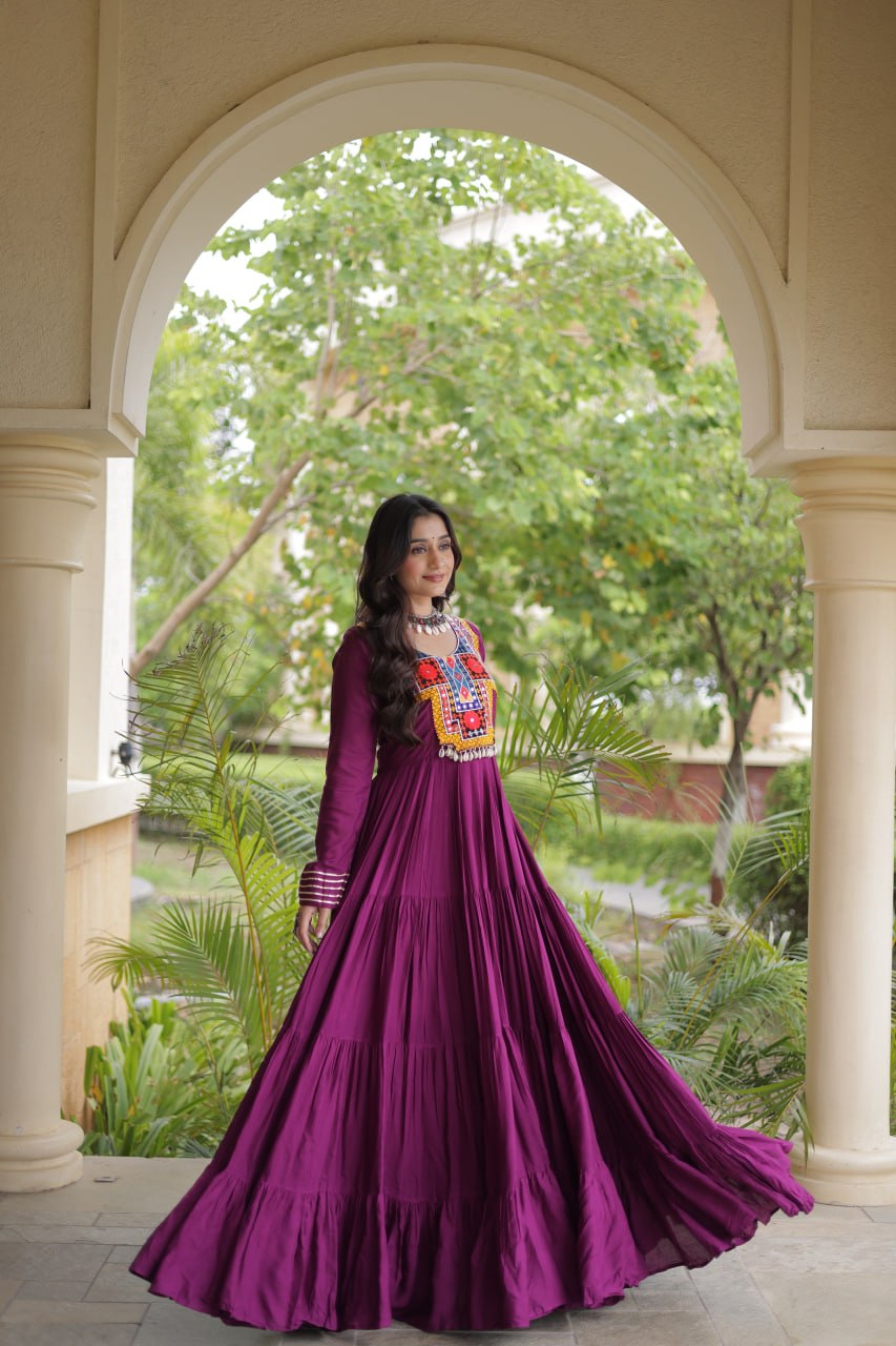 Sneha Wine Reyon Kutchi Gamthi Embroidered Gown