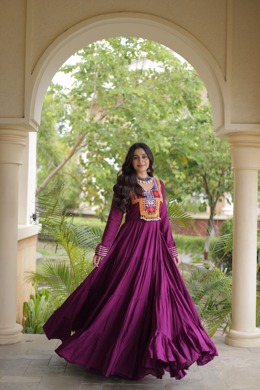 Sneha Wine Reyon Kutchi Gamthi Embroidered Gown