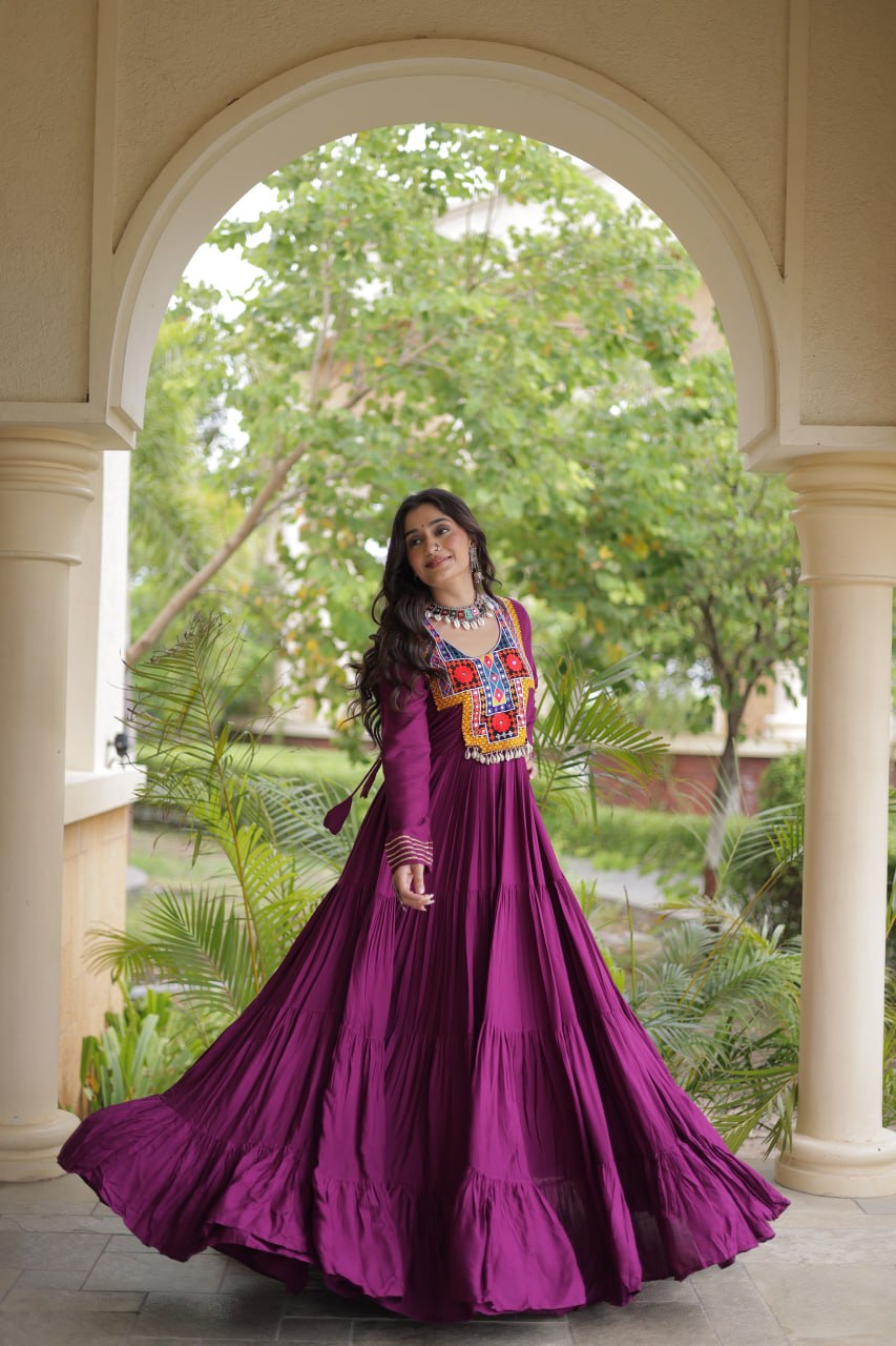 Sneha Wine Reyon Kutchi Gamthi Embroidered Gown