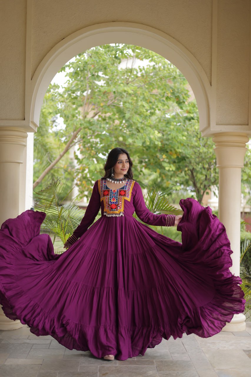 Sneha Wine Reyon Kutchi Gamthi Embroidered Gown