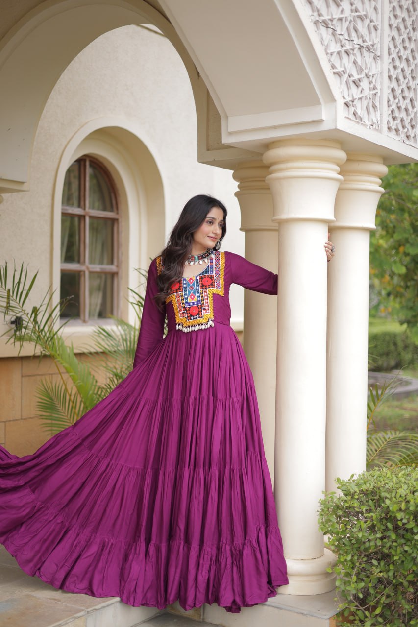 Sneha White Reyon Kutchi Gamthi Embroidered Gown