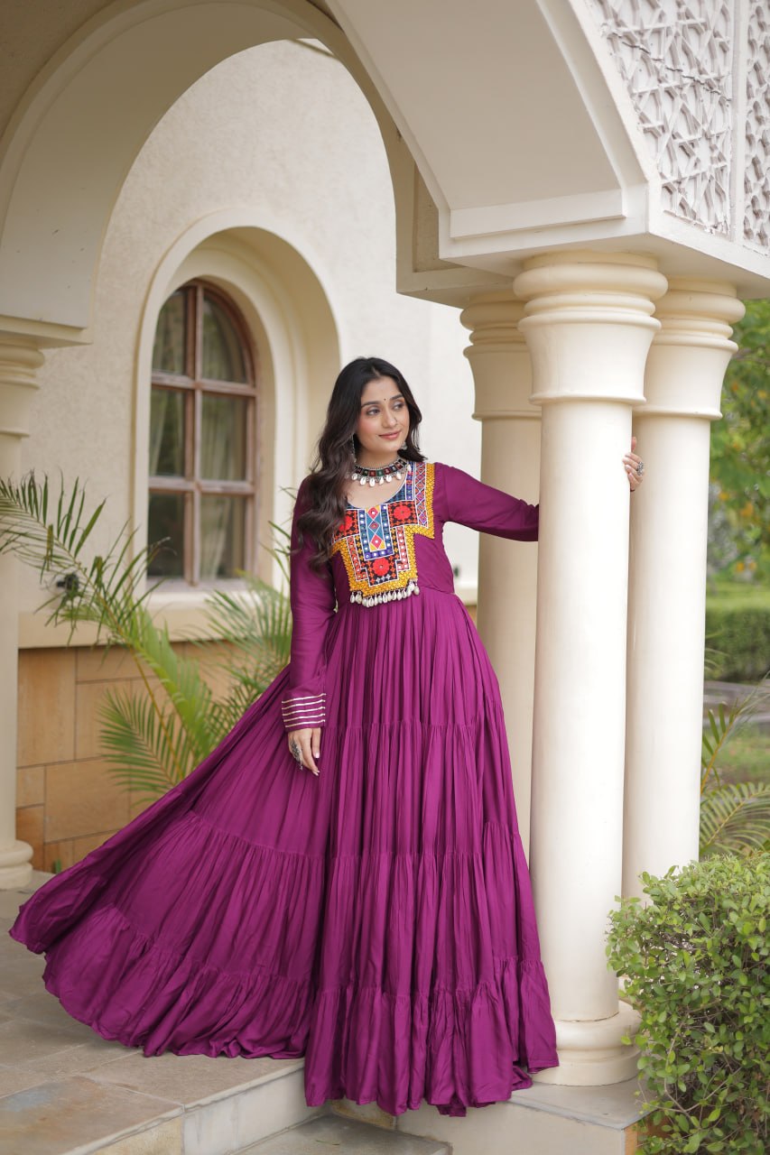 Sneha White Reyon Kutchi Gamthi Embroidered Gown