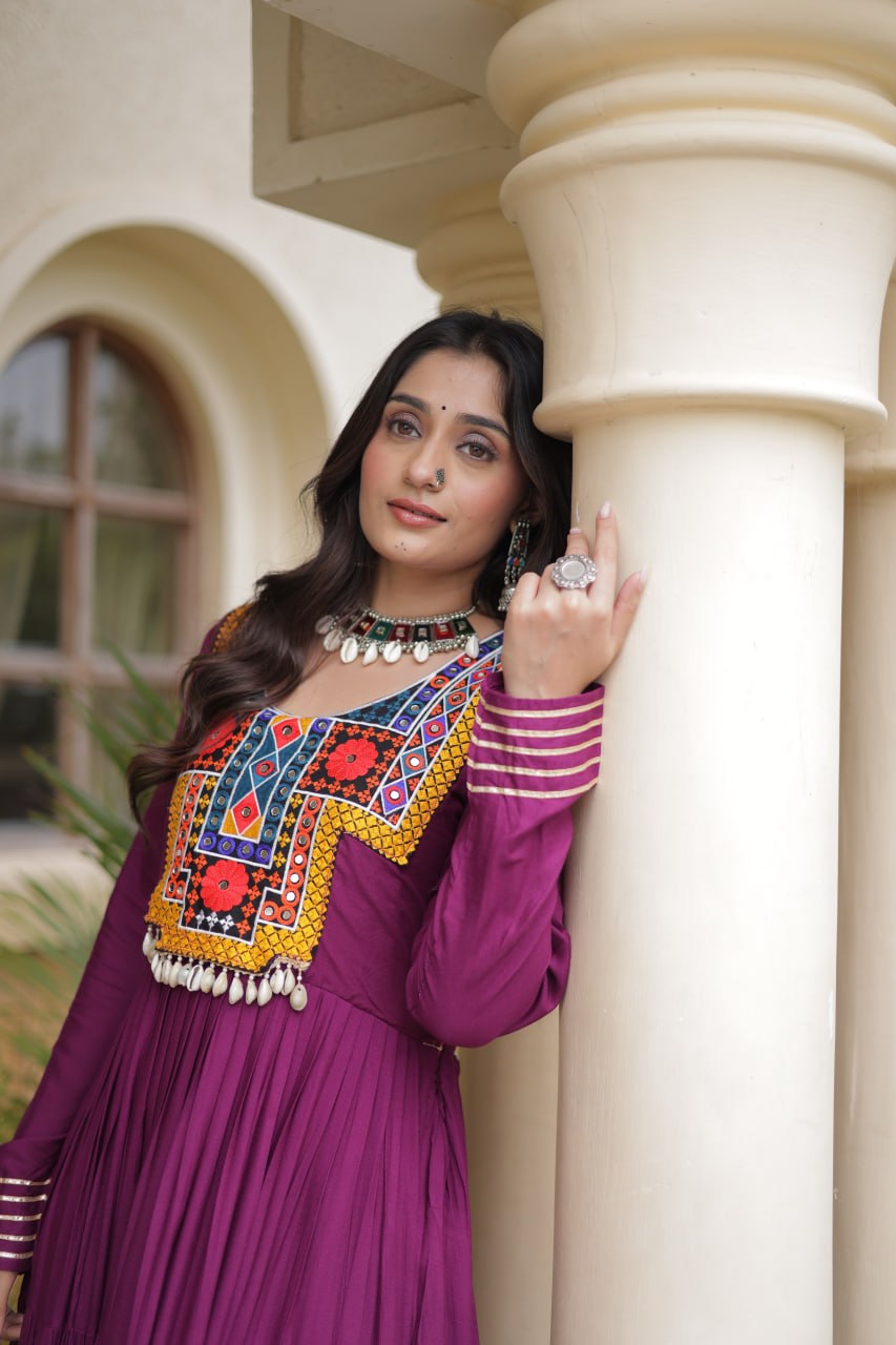 Sneha Wine Reyon Kutchi Gamthi Embroidered Gown