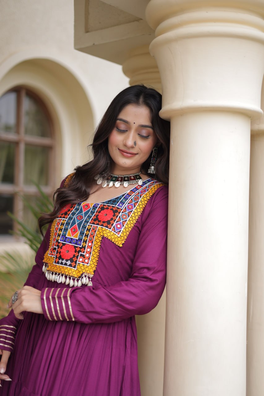 Sneha Wine Reyon Kutchi Gamthi Embroidered Gown