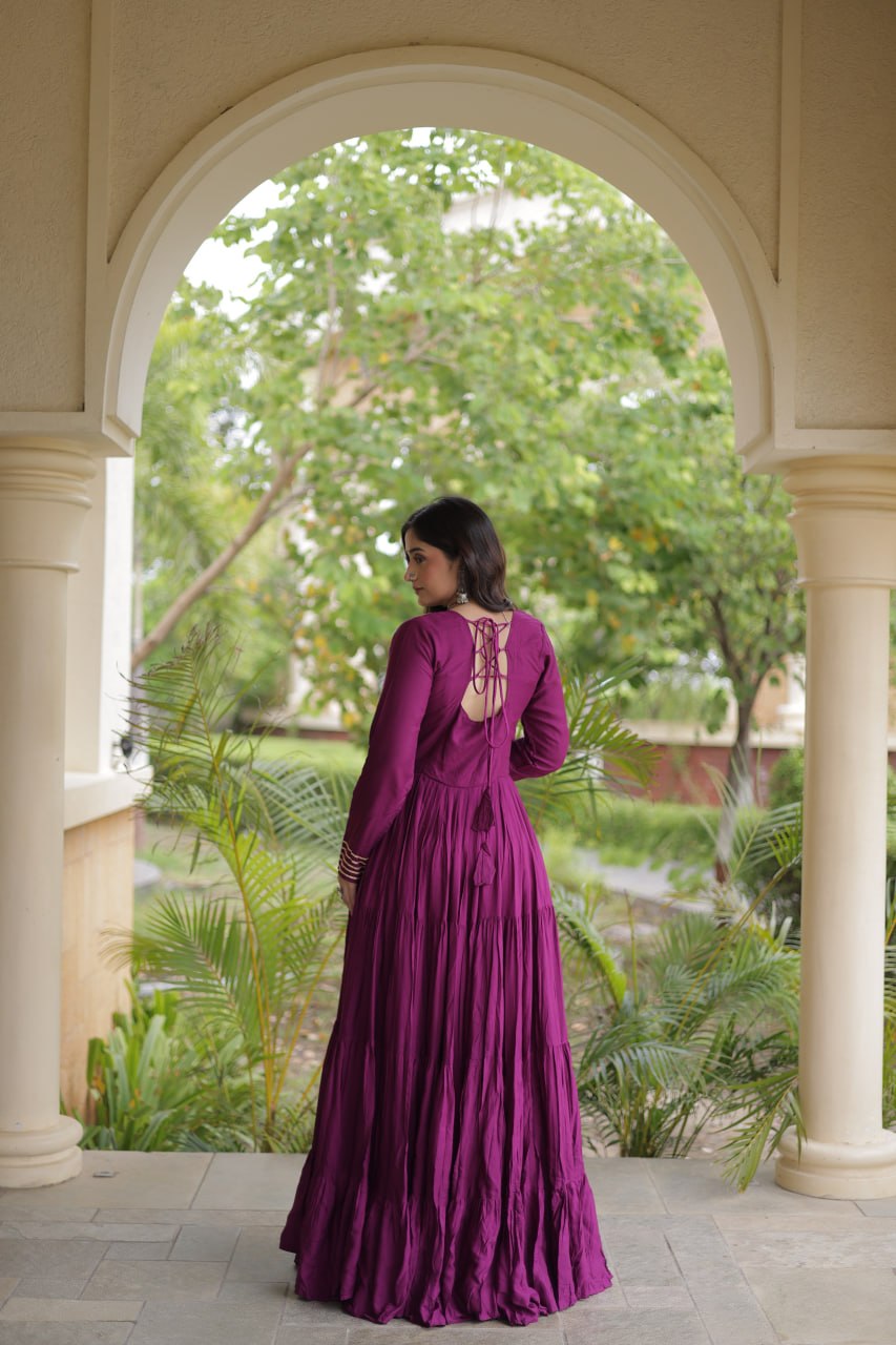 Sneha Wine Reyon Kutchi Gamthi Embroidered Gown