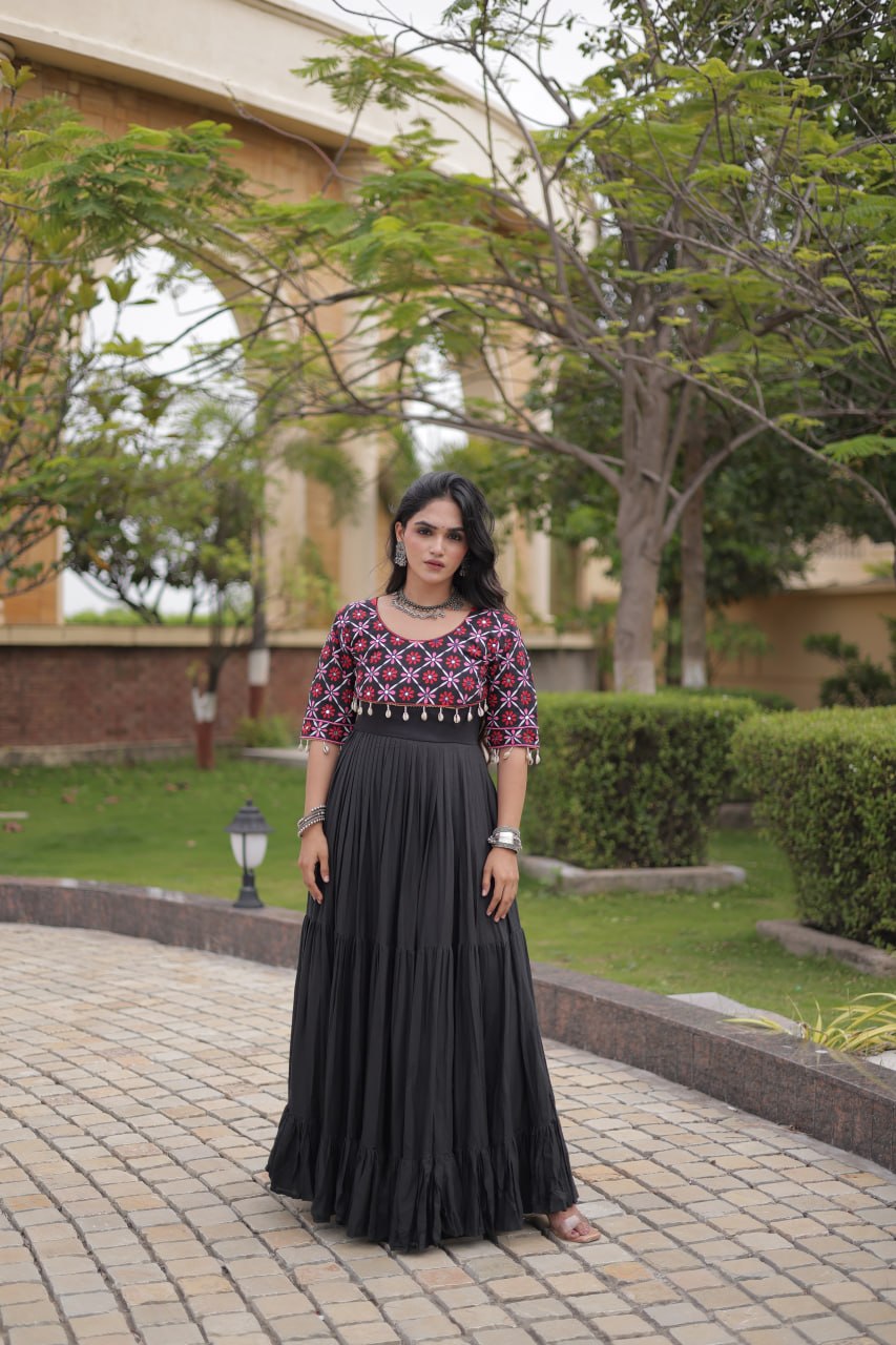 Pari Black Kora Cotton Multi Thread Embroidered Gown