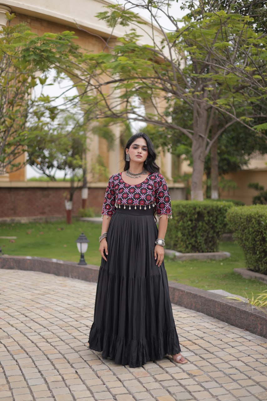 Pari Black Kora Cotton Multi Thread Embroidered Gown