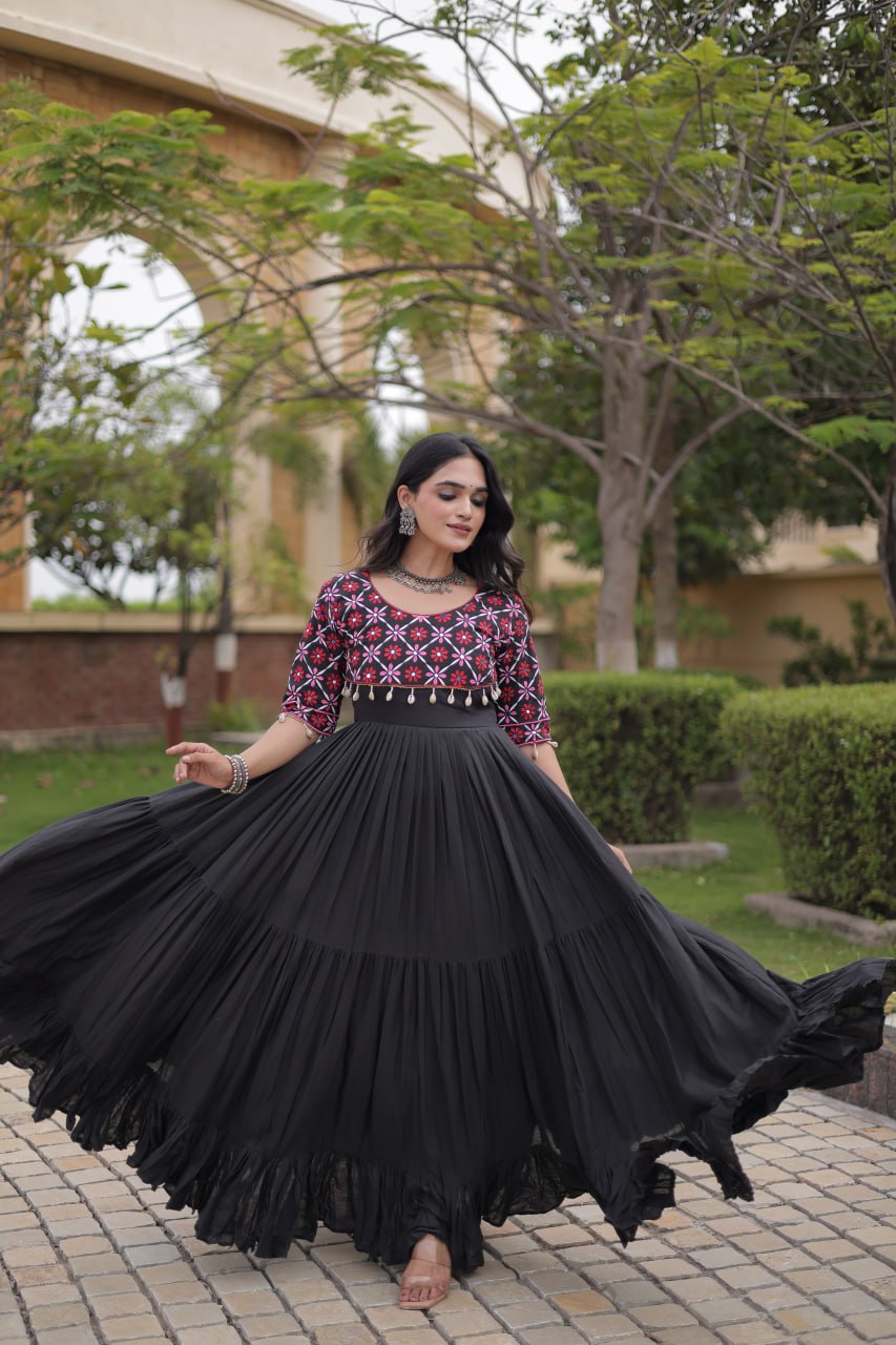 Pari Black Kora Cotton Multi Thread Embroidered Gown