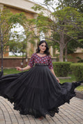 Pari Black Kora Cotton Multi Thread Embroidered Gown