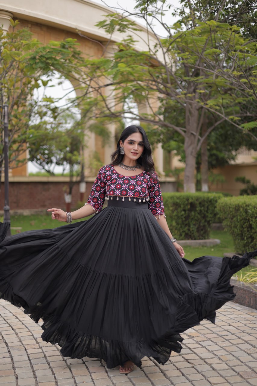 Pari Black Kora Cotton Multi Thread Embroidered Gown