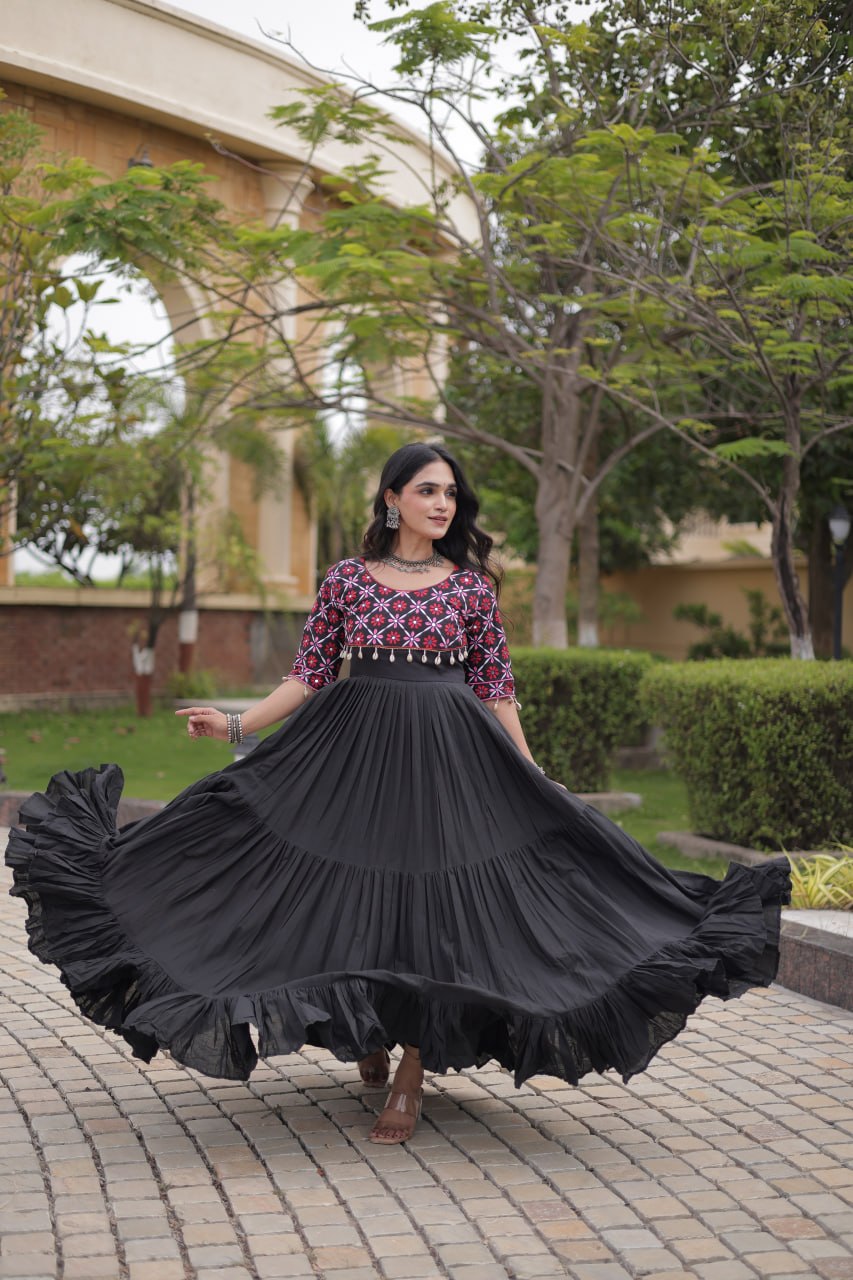Pari Black Kora Cotton Multi Thread Embroidered Gown