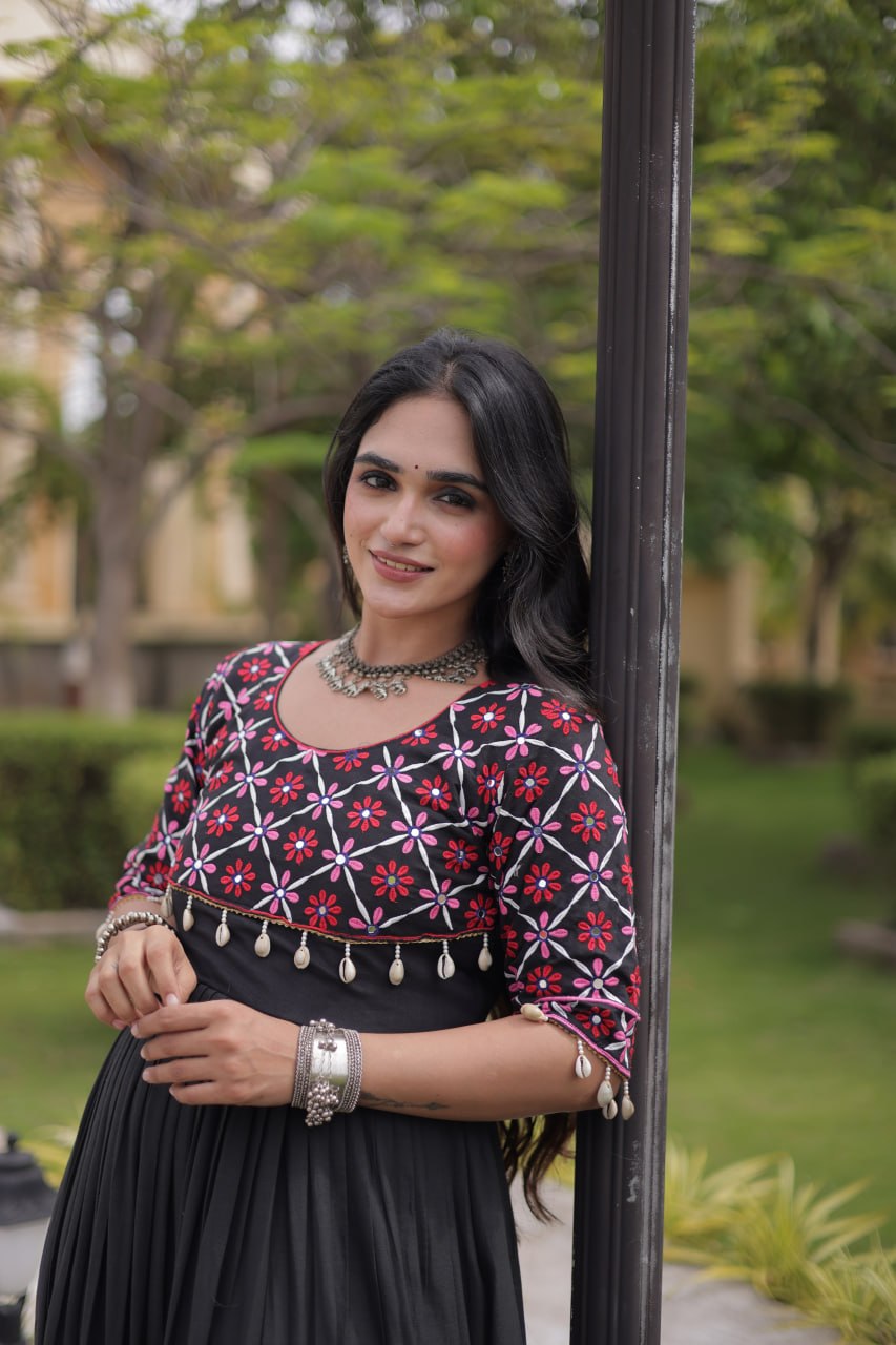 Pari Black Kora Cotton Multi Thread Embroidered Gown