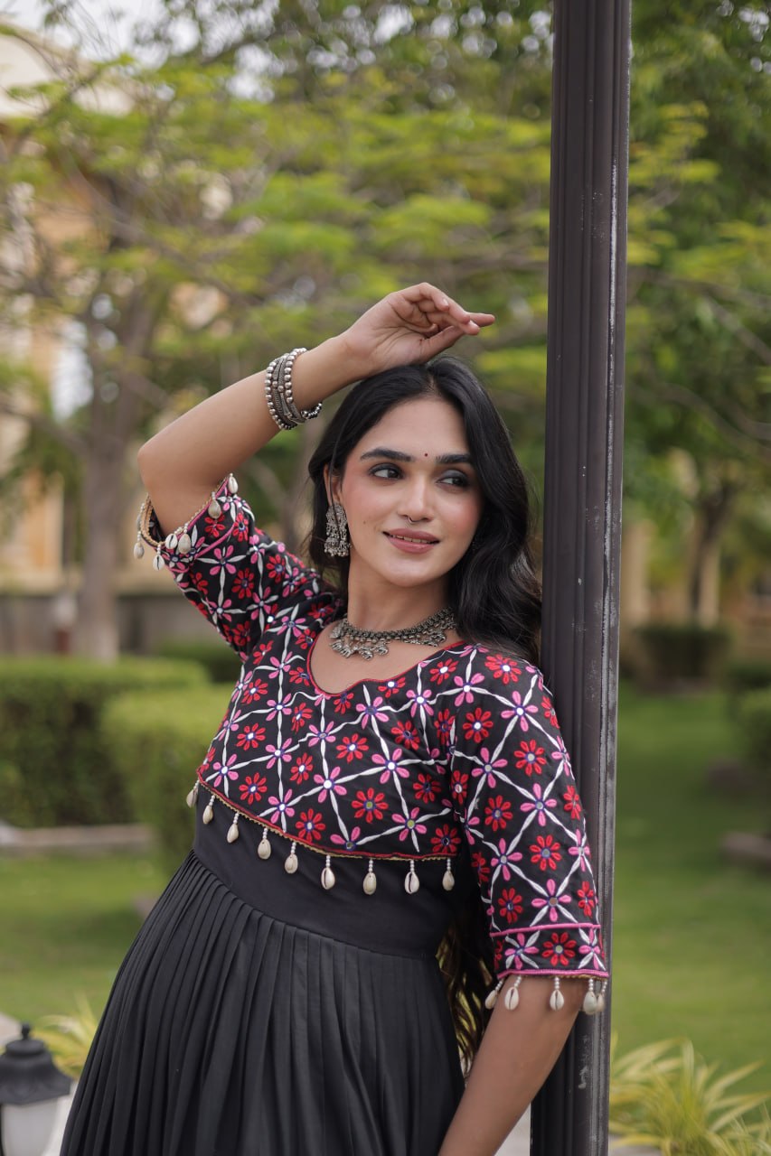 Pari Black Kora Cotton Multi Thread Embroidered Gown