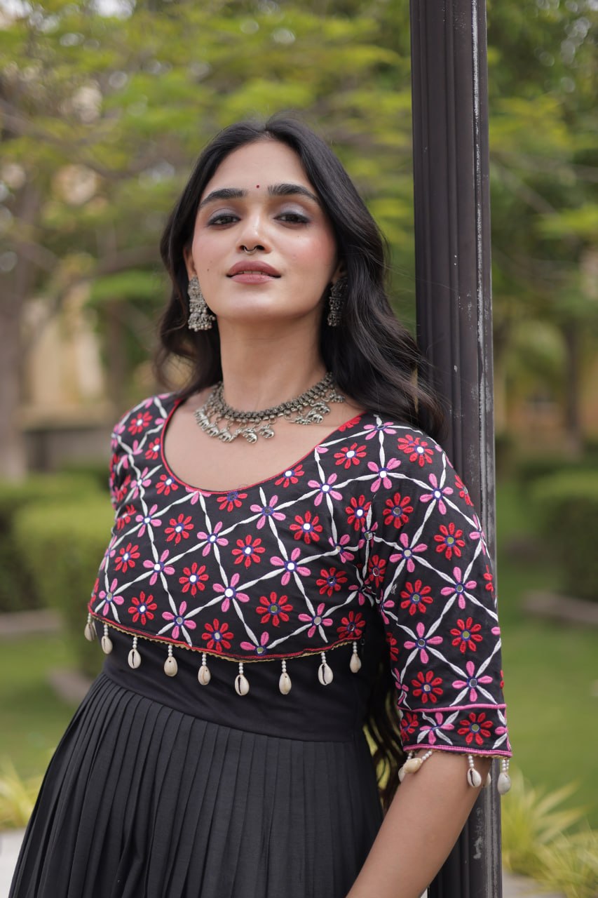 Pari Black Kora Cotton Multi Thread Embroidered Gown
