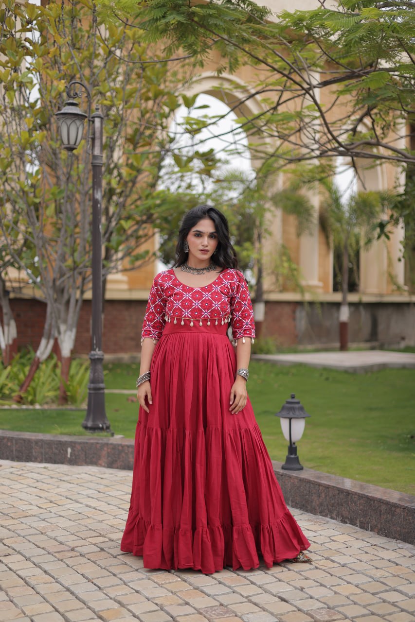 Pari Maroon Kora Cotton Multi Thread Embroidered Gown