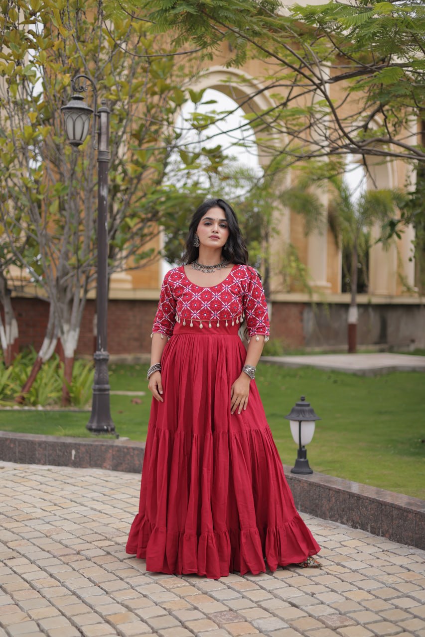 Pari Maroon Kora Cotton Multi Thread Embroidered Gown