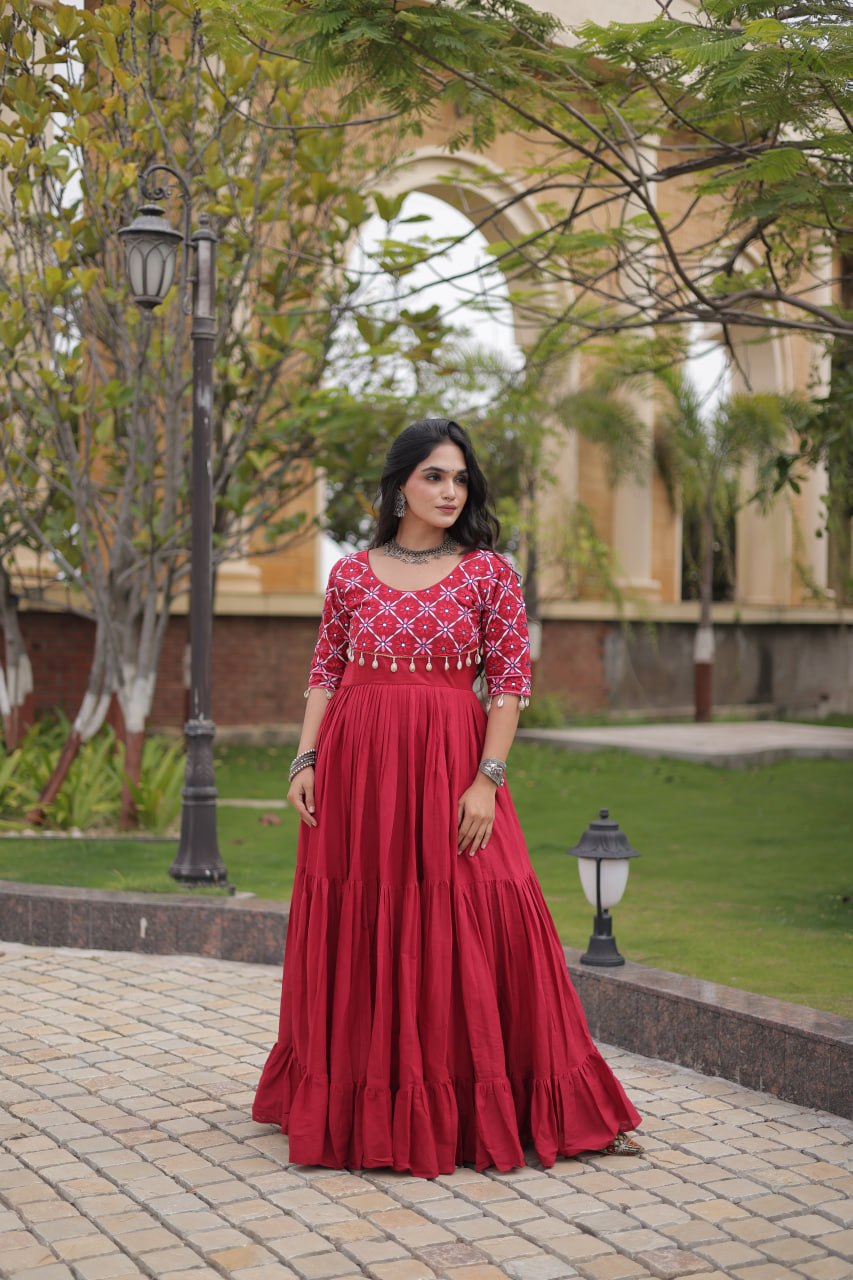 Pari Maroon Kora Cotton Multi Thread Embroidered Gown