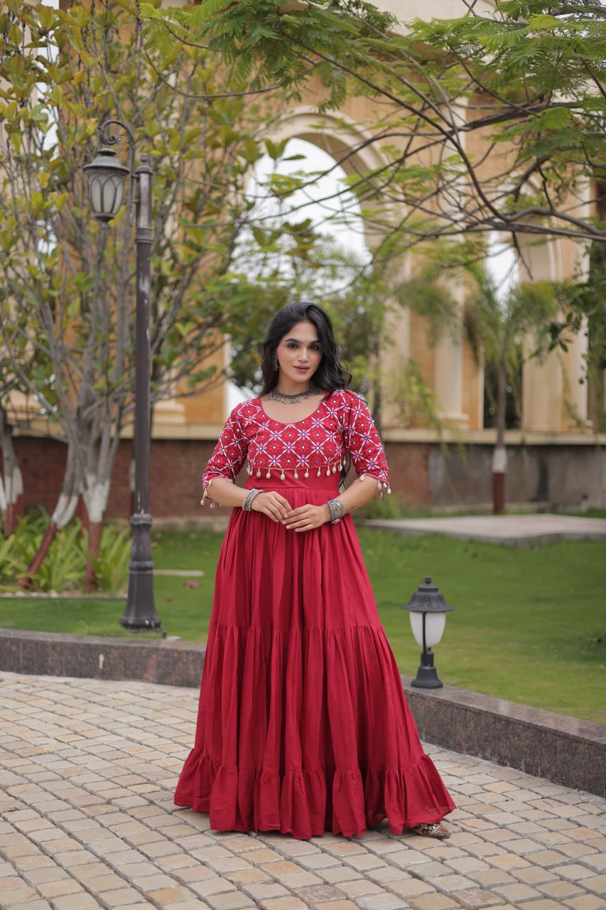 Pari Maroon Kora Cotton Multi Thread Embroidered Gown
