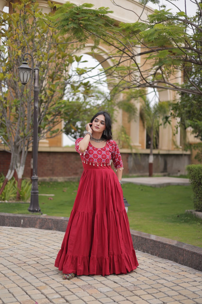 Pari Maroon Kora Cotton Multi Thread Embroidered Gown