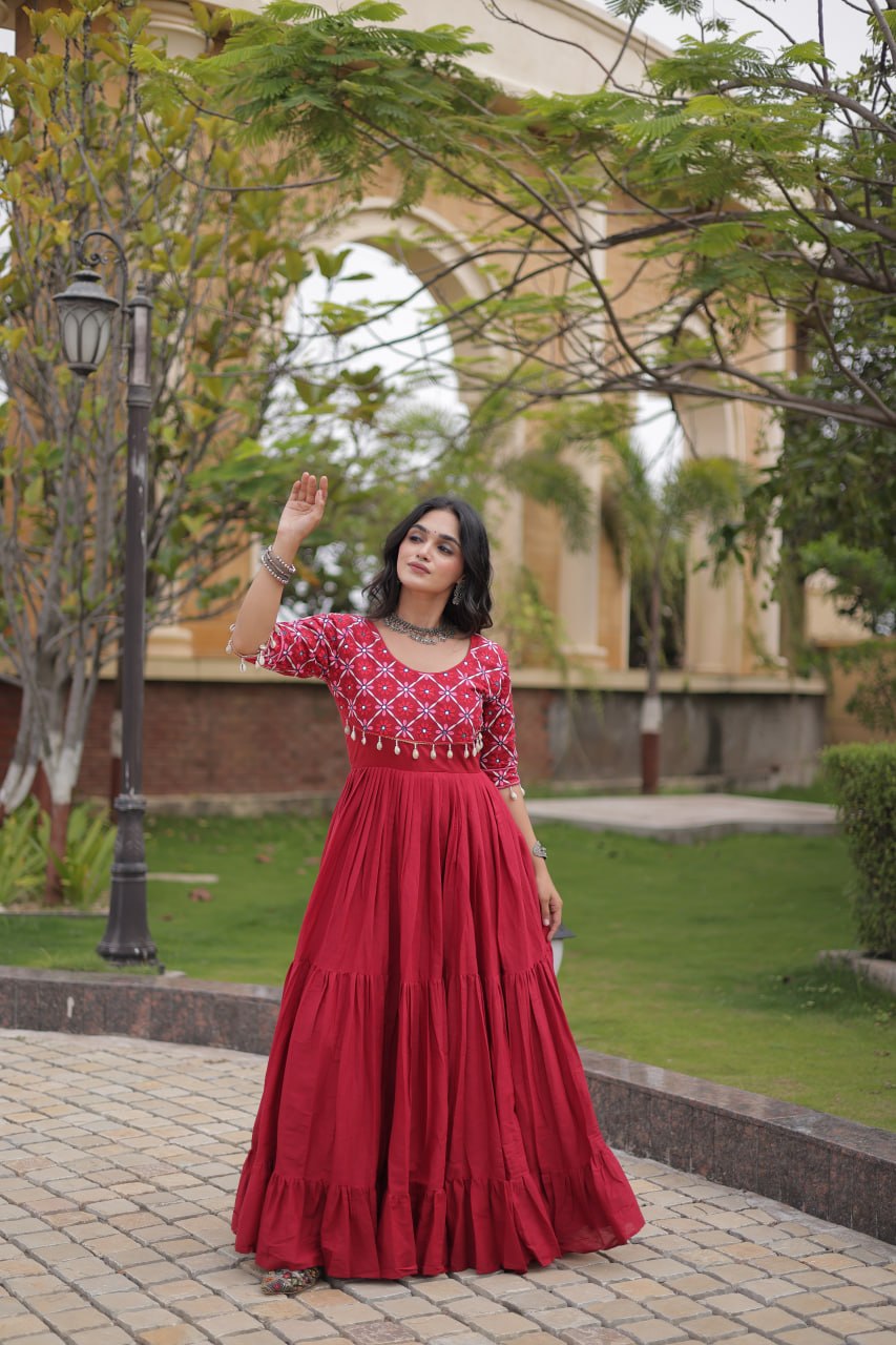 Pari Maroon Kora Cotton Multi Thread Embroidered Gown