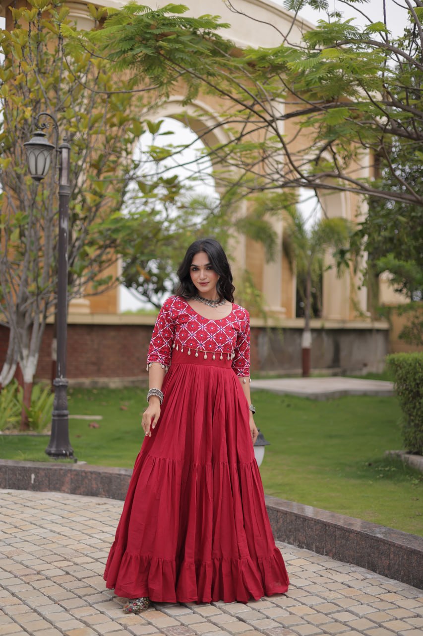 Pari Maroon Kora Cotton Multi Thread Embroidered Gown