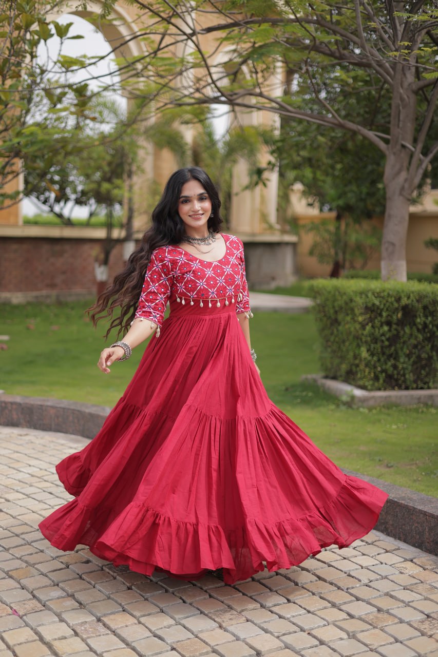 Pari Maroon Kora Cotton Multi Thread Embroidered Gown