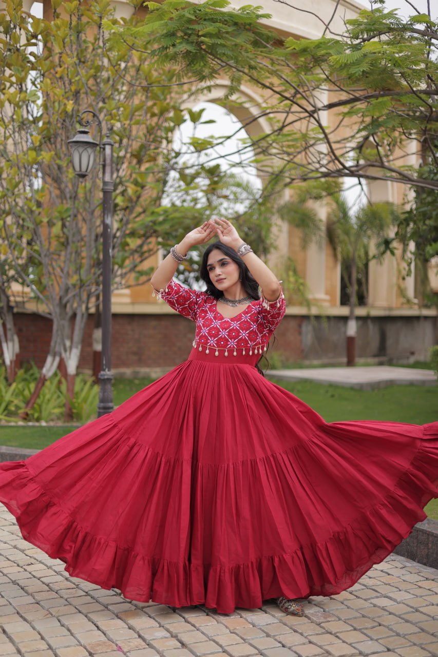 Pari Maroon Kora Cotton Multi Thread Embroidered Gown