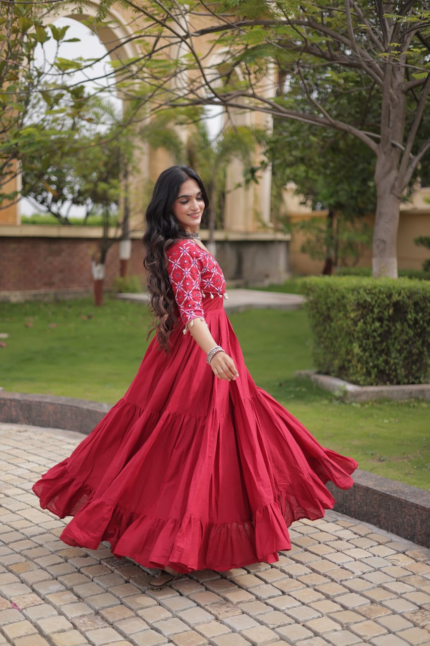 Pari Maroon Kora Cotton Multi Thread Embroidered Gown
