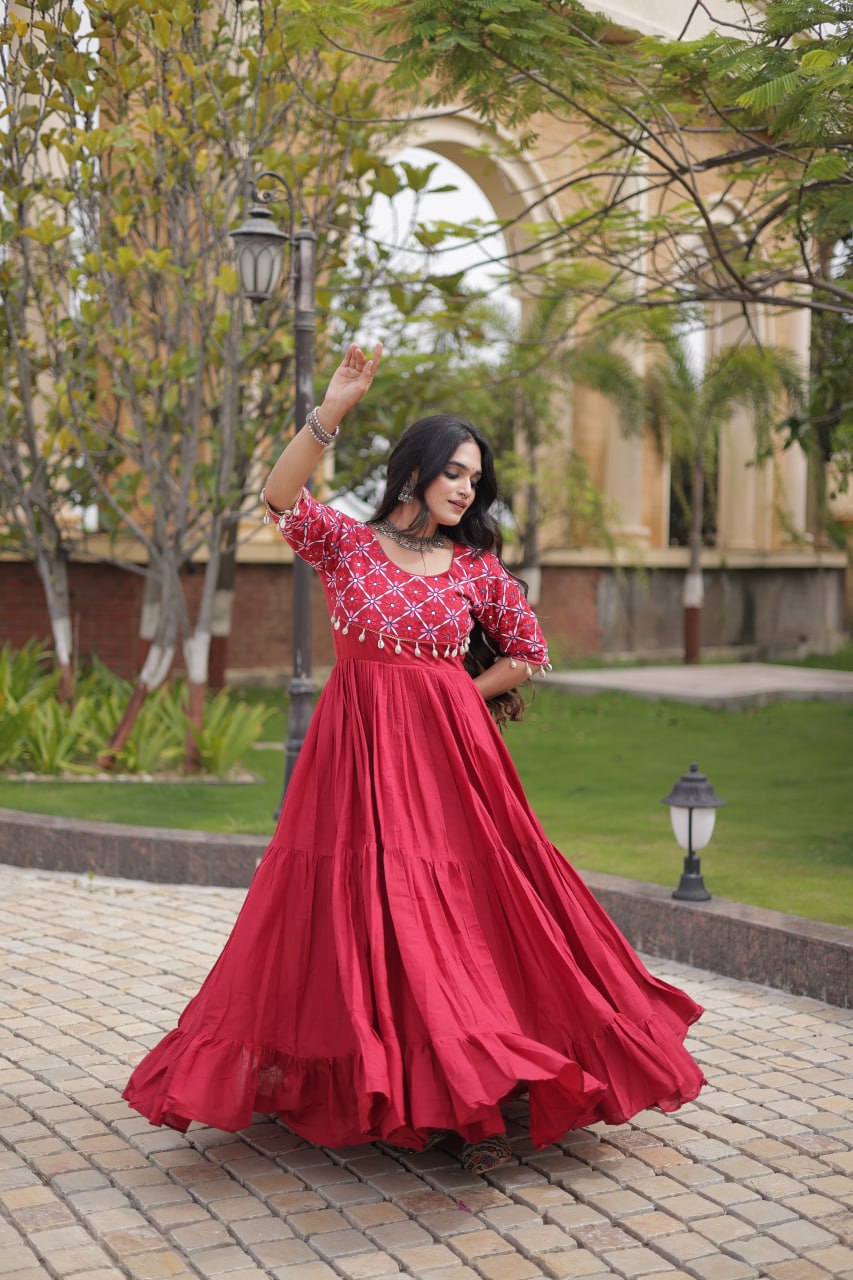 Pari Maroon Kora Cotton Multi Thread Embroidered Gown