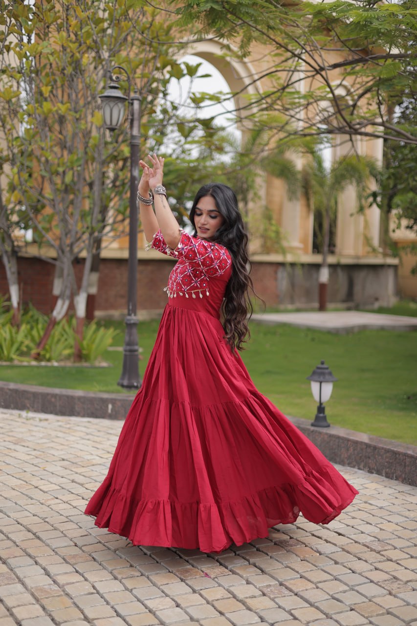 Pari Maroon Kora Cotton Multi Thread Embroidered Gown