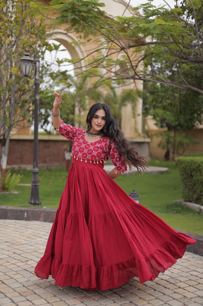 Pari Maroon Kora Cotton Multi Thread Embroidered Gown