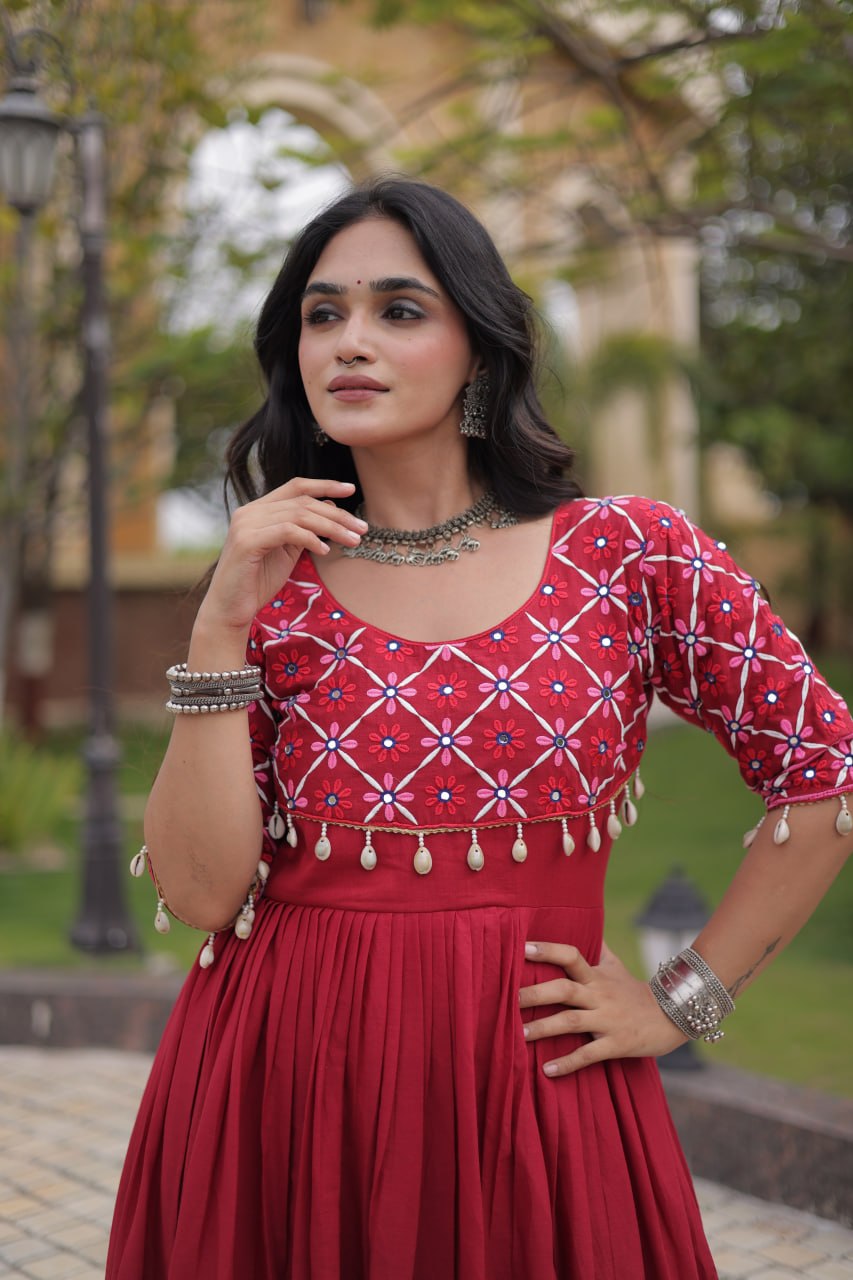 Pari Maroon Kora Cotton Multi Thread Embroidered Gown