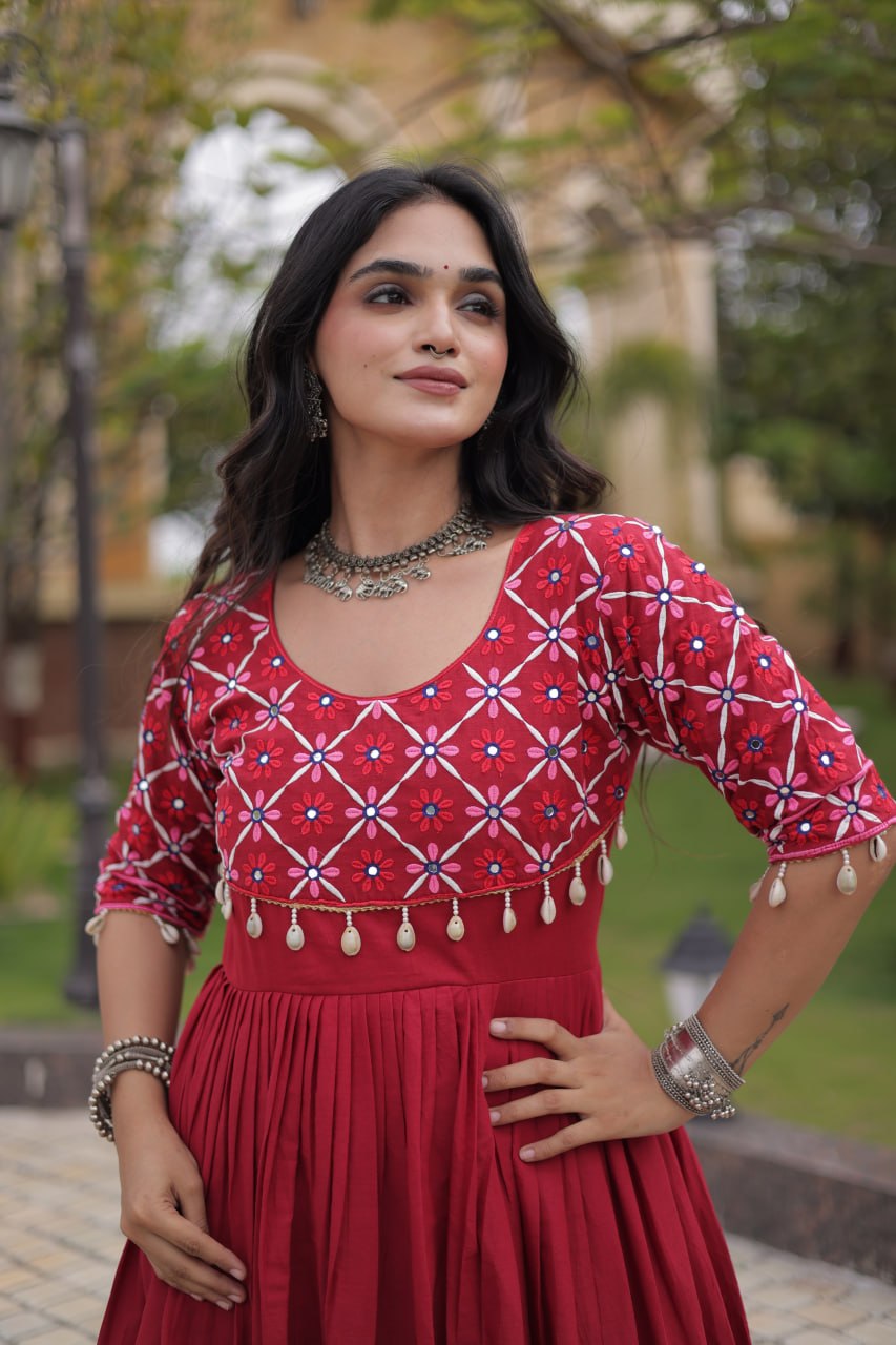 Pari Maroon Kora Cotton Multi Thread Embroidered Gown