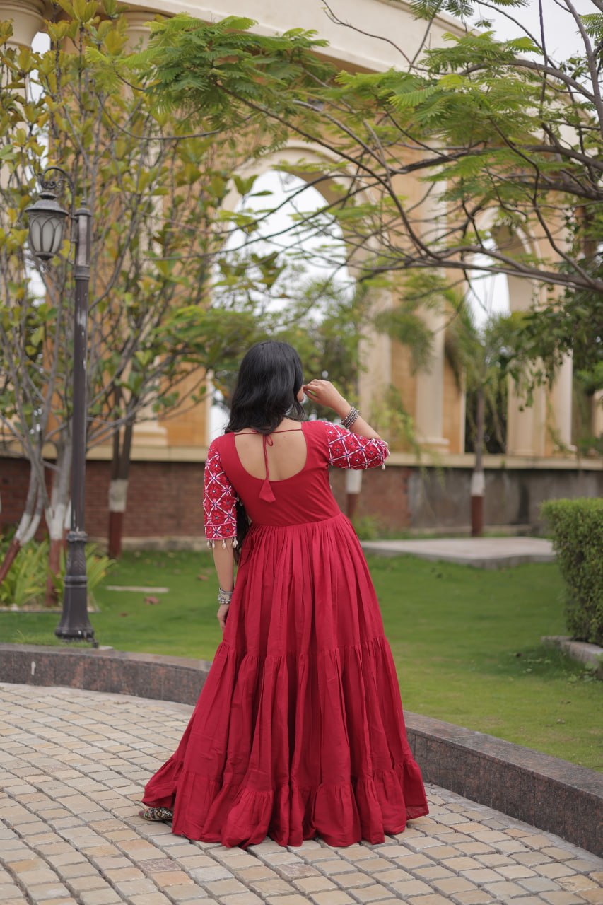 Pari Maroon Kora Cotton Multi Thread Embroidered Gown