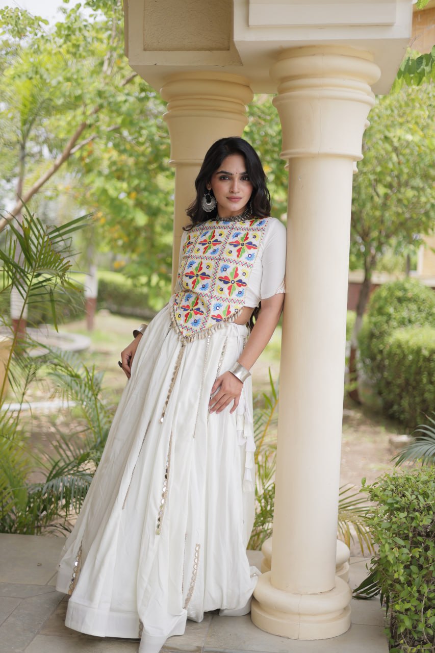 Bhoomi White Rayon Multi Mirror Lehenga Choli