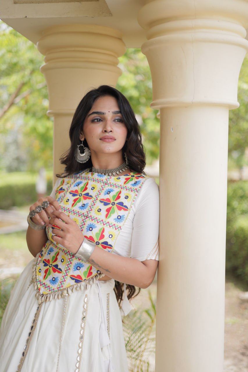 Bhoomi White Rayon Multi Mirror Lehenga Choli