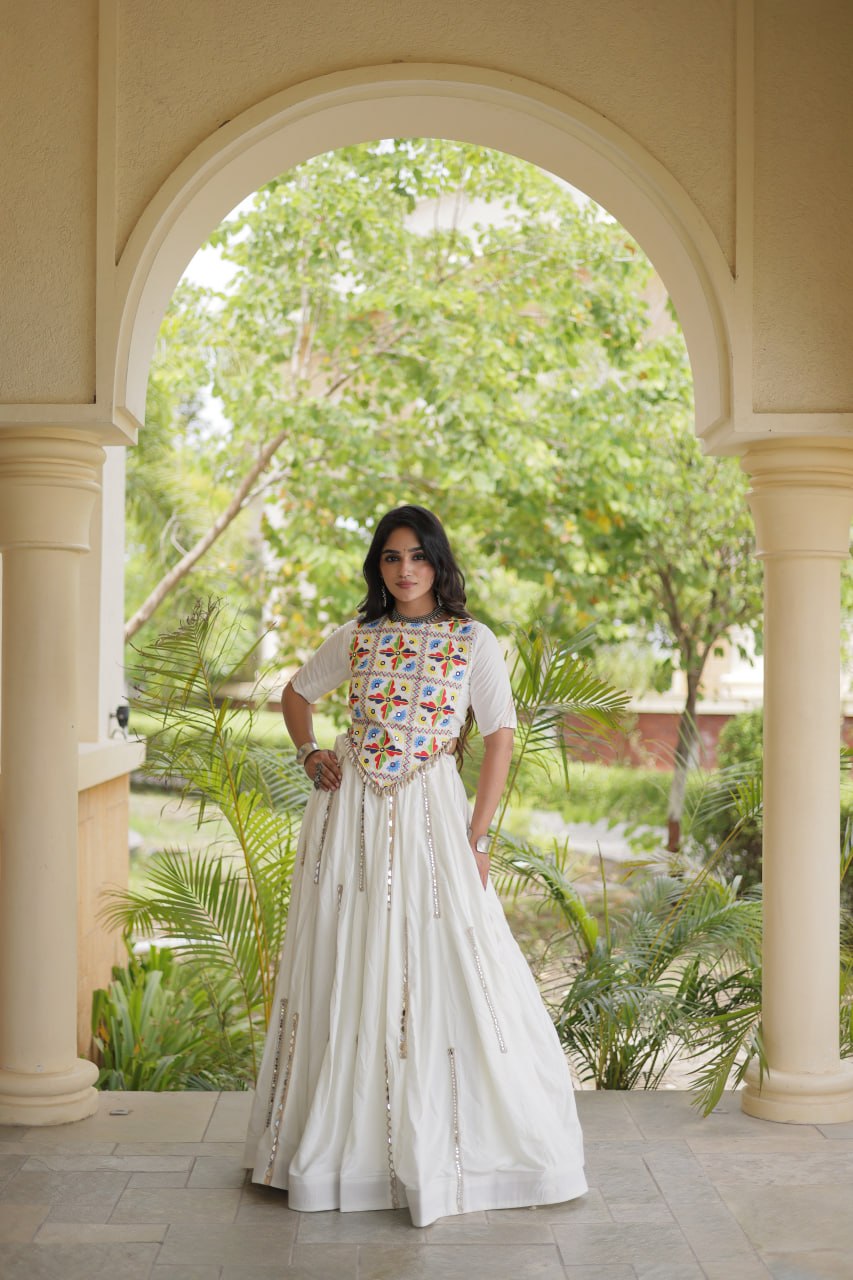 Bhoomi White Rayon Multi Mirror Lehenga Choli