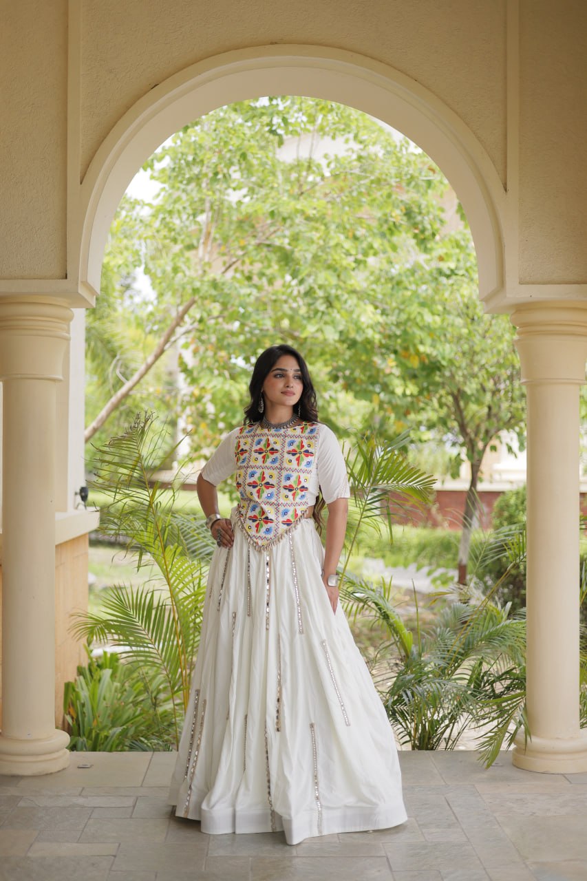 Bhoomi White Rayon Multi Mirror Lehenga Choli