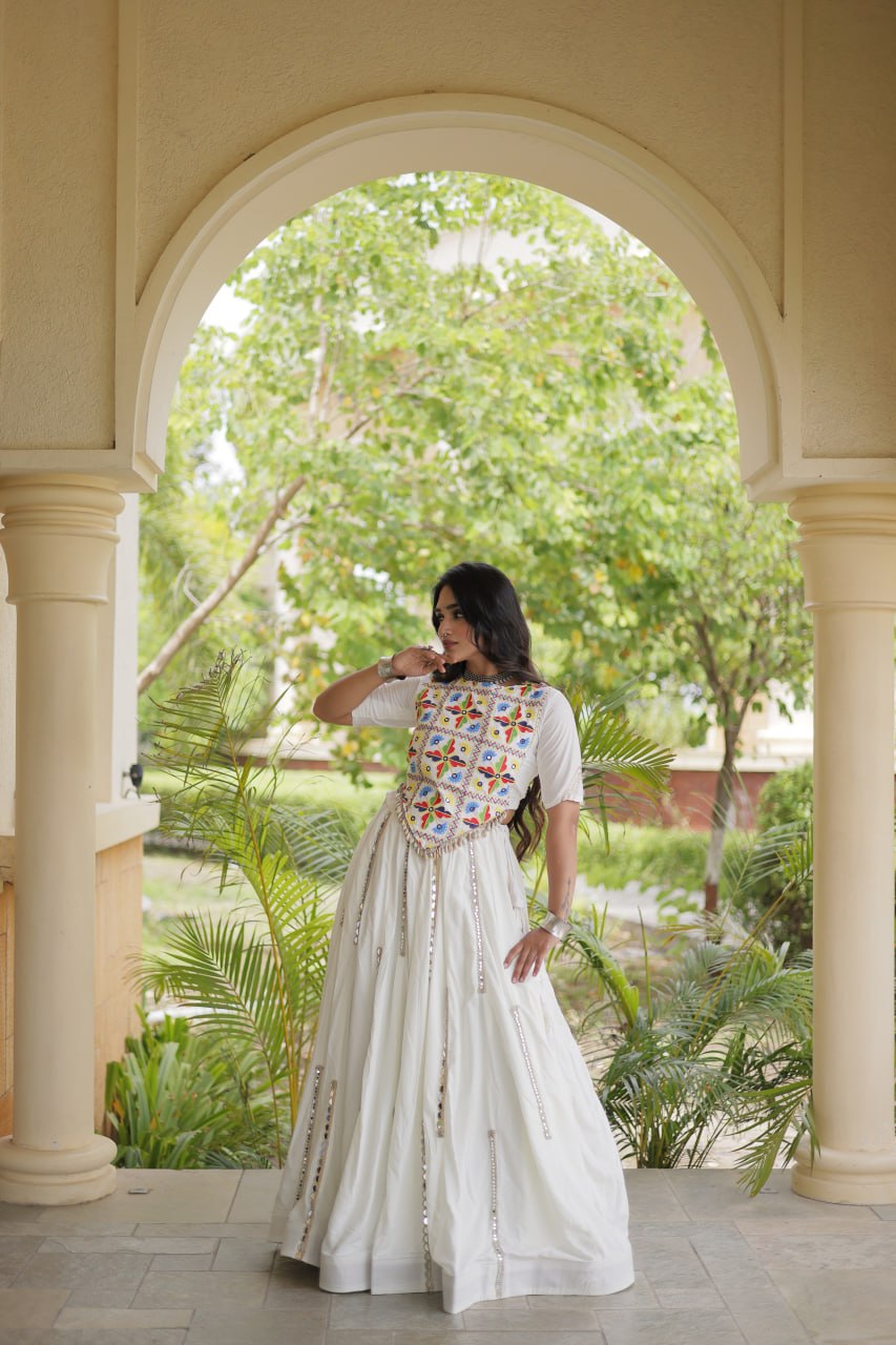 Bhoomi White Rayon Multi Mirror Lehenga Choli