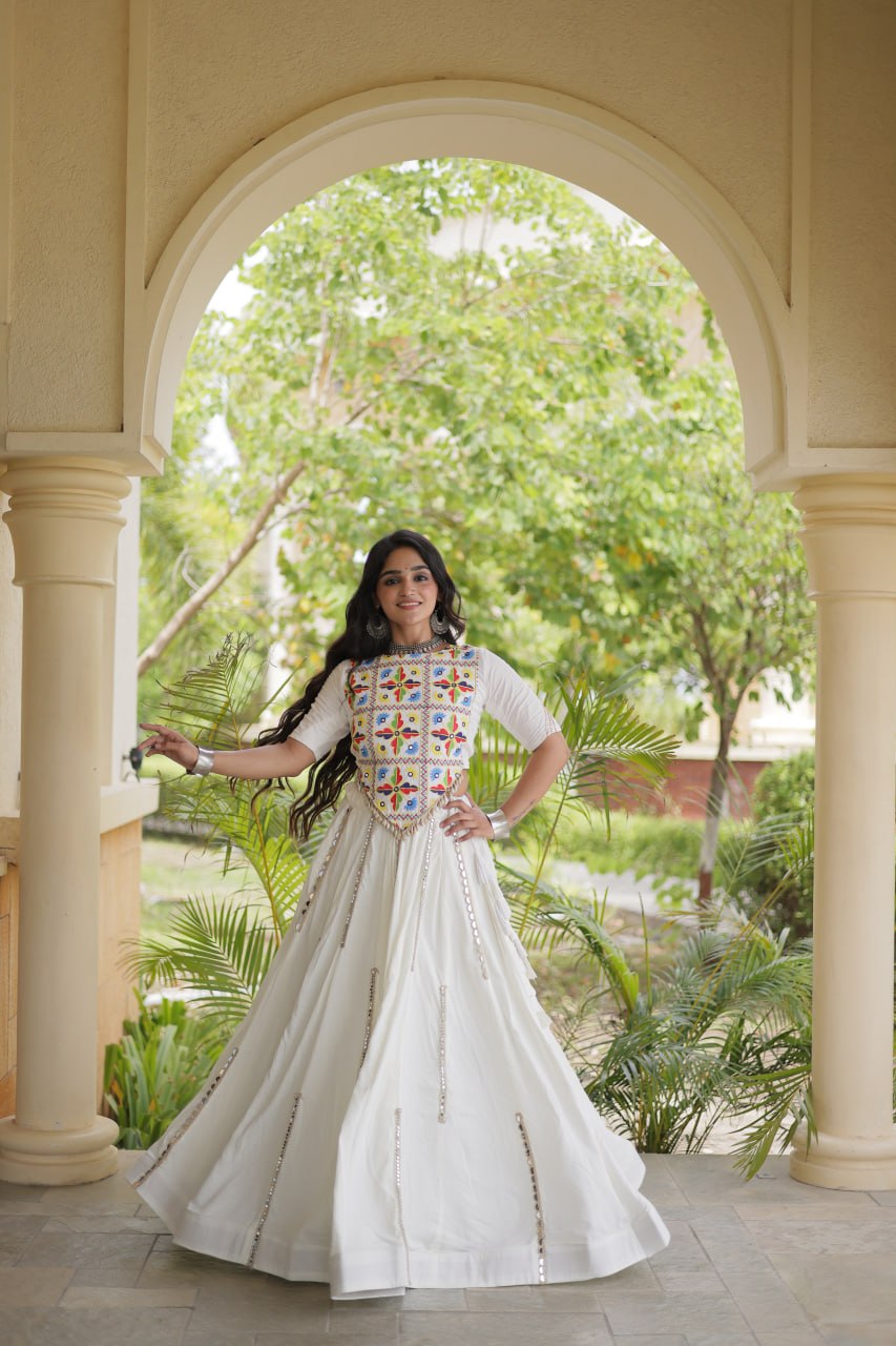 Bhoomi White Rayon Multi Mirror Lehenga Choli