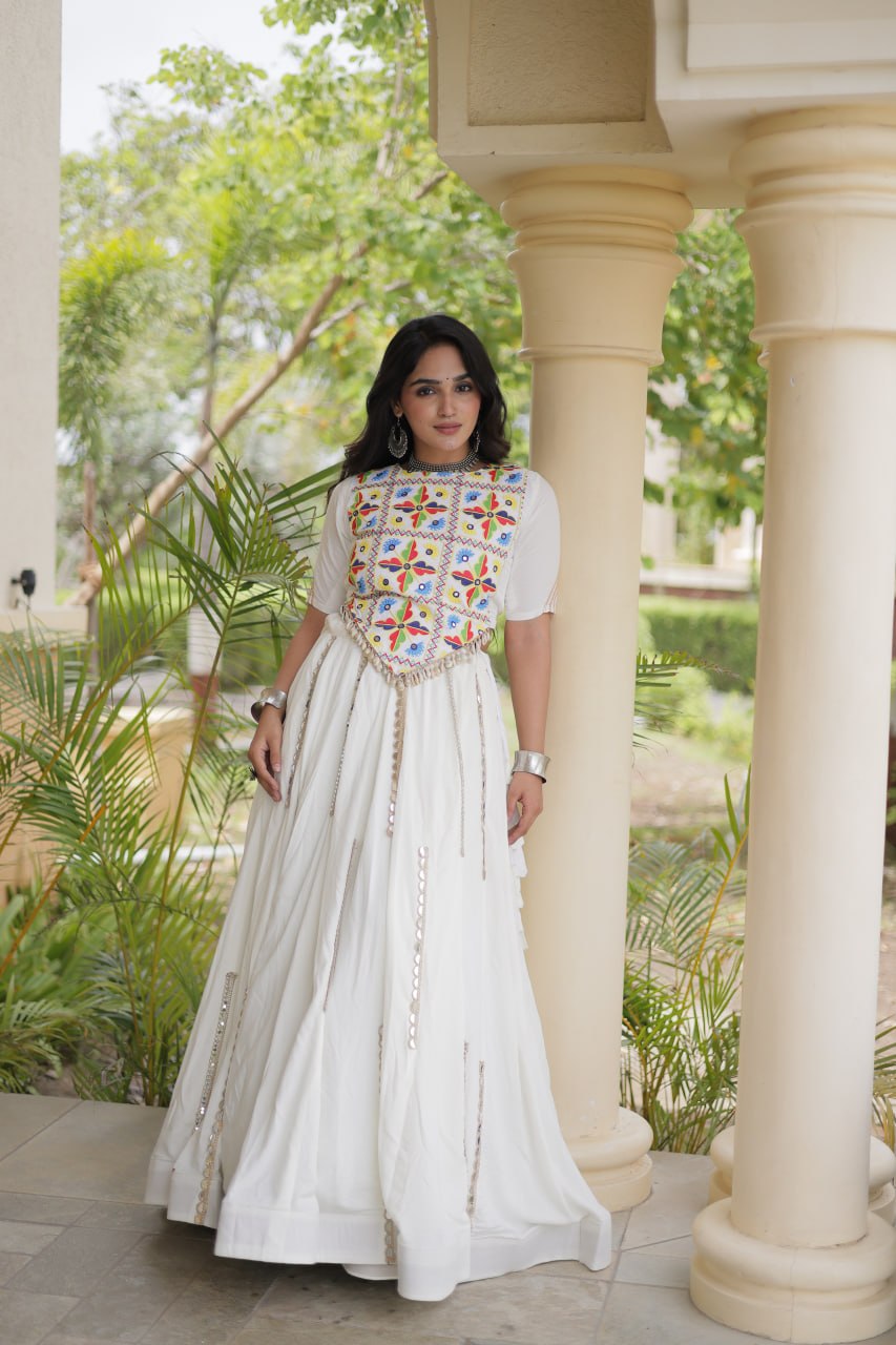 Bhoomi White Rayon Multi Mirror Lehenga Choli