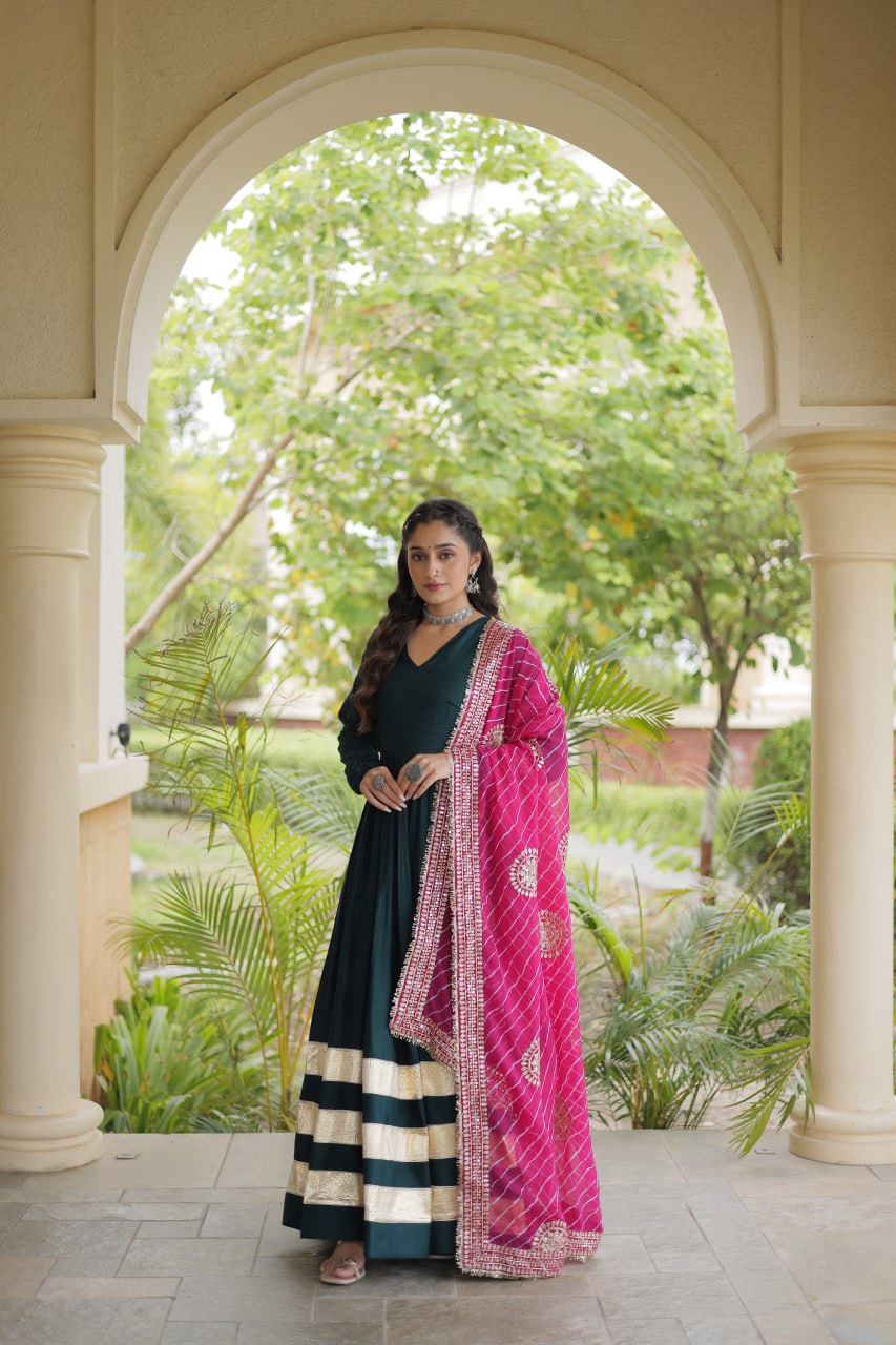 Tanvi Green Reyon Gota Patti Gown with Dupatta